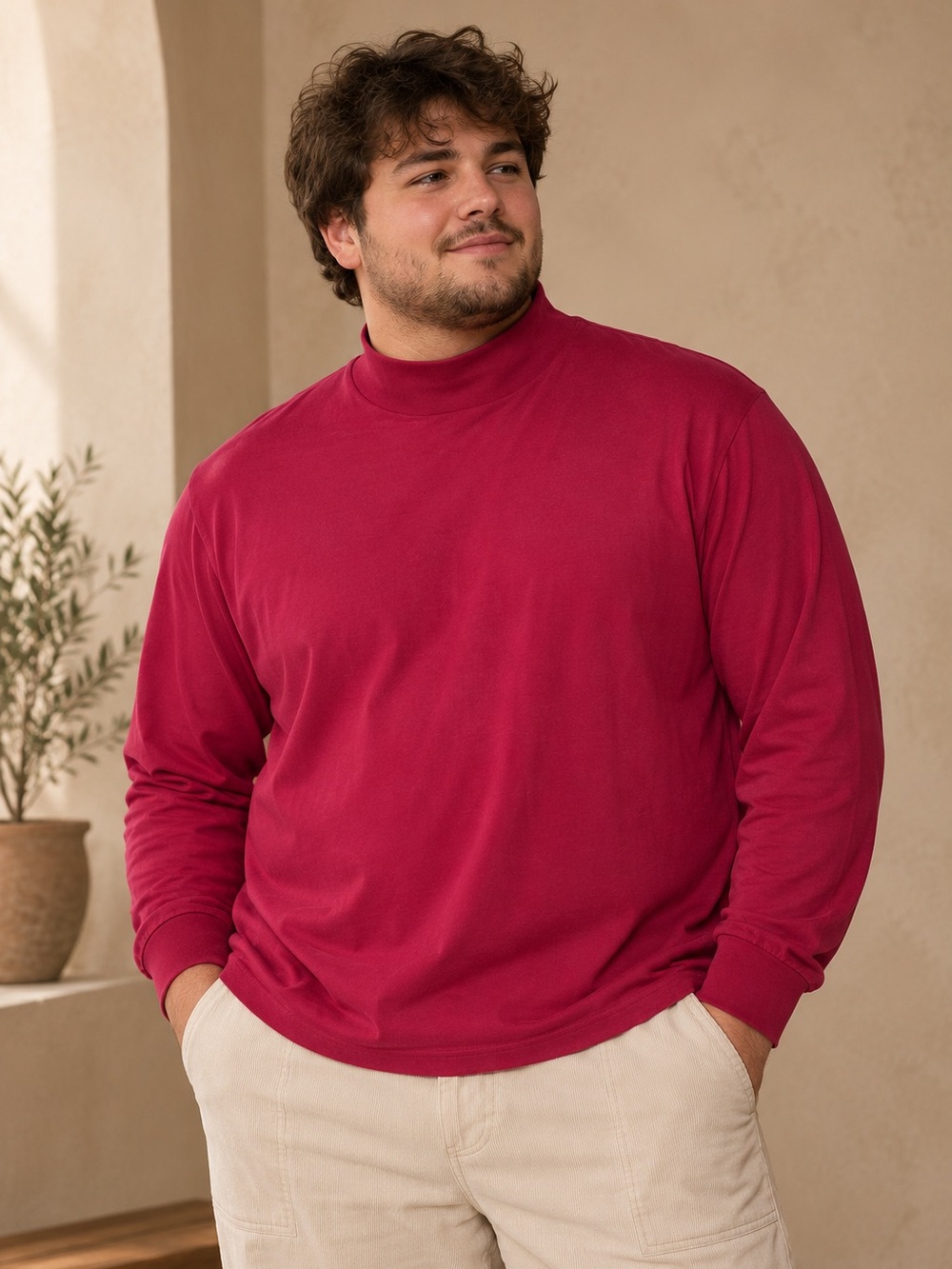 Vintage John Ashford Men's Mock Neck Shirt Red 100% Cotton Knit Size XXL